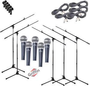 GRIFFIN Microphone Stand Package of 5 with Vocal Unidirectional Mics & XLR Cables | Handheld Cardioid Dynamic Microphones for Home Studio Recording, DJ Live Streaming & Stage Singing | 20FT XLR Cords