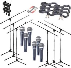Microphone Boom Stand (GRIFFIN 6 Pack) with Cardioid Vocal Microphones & XLR Mic Cables | Karaoke Holder & Tripod Mount | Handheld Unidirectional Singing Mics for Music Home Studio Recording Streaming