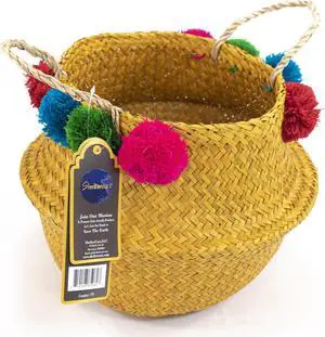 ShelterCast Dyed Seagrass Belly Basket with 8 Pompoms And Handle