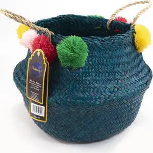 ShelterCast Dyed Seagrass Belly Basket with 8 Pompoms And Handle Green Large