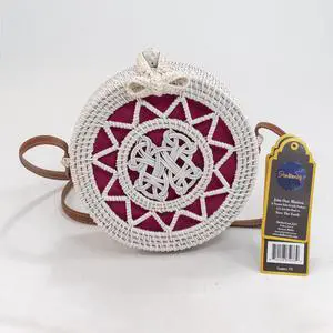 Handwoven Round rattan bag for Women Shoulder bags with tassels and leather strap (White Color Pink Tassel), Small