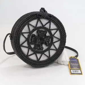 Handwoven Round rattan bag for Women Shoulder bags with tassels and leather strap (Black Color White Tassel), Large