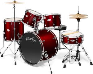 Ashthorpe 5-Piece Full Size Adult Drum Set with Remo Heads & Premium Brass Cymbals - Complete Professional Percussion Kit with Chrome Hardware - Red
