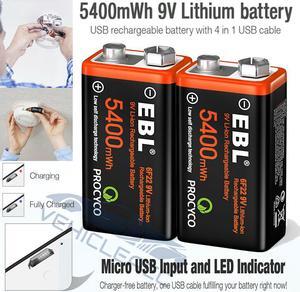 2Pack USB Rechargeable 9V Lithium LI-ion Battery Batteries 5400mWh 9 Volt