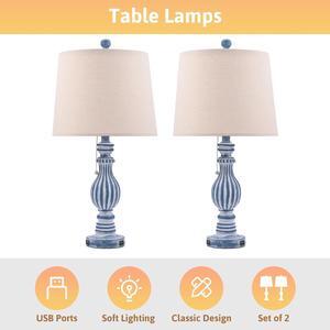 Set of 2 Nightstand Lamps with USB Ports Fabric Shade Resin Base Pull Chain Blue
