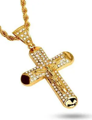 18K Gold Plated Cross Pendant 5mm 30" Chain Necklace-#4