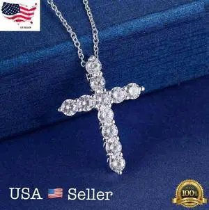 Women Silver Plated Cubic Crystal Cross Pendant Necklace N3 Lab-Created