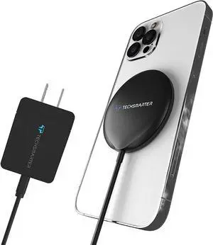Techsmarter 15W Magnetic Wireless Charger, Fast Charging Pad. Compatible with iPhone 12, 13, 14, 15 (Includes 20W USB-C PD Wall Charger)