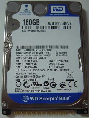 WD Scorpio Blue WD1600BEVE 160GB 5400 RPM 8MB Cache PATA 2.5" Internal Notebook Hard Drive Bare Drive