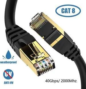 Cat8 Ethernet Cable, Outdoor&Indoor,Heavy Duty High Speed 26AWG Cat8 LAN Network Cable 40Gbps, 2000Mhz with Gold Plated RJ45 Connector,WeatherproofS/FTP UV Resistant for Router/Gaming/Modem/-   6.6 FT