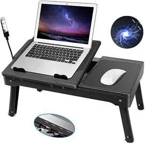 Laptop Table for Bed-Multi-Functional Laptop Bed Table Tray with Internal Cooling Fan & 2 Independent Laptop Stands-Foldable & 3 Different Height Laptop Desk-LED Lamp-4 Port USB
