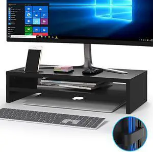 Wood Monitor Stand Riser 2 Tiers Desk TV Shelf with Cellphone Holder Ergonomic Laptop Printer Stand with Cable Management for Laptop Computer Notebook iMac PC 213 inches Black