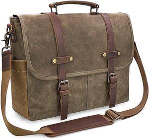 Messenger Bag 15.6 Inch Waterproof Vintage Genuine Leather Waxed Canvas Briefcase Large Satchel Shoulder Bag Rugged Leather Computer Laptop Bag, Khaki