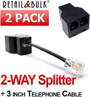 RJ11 Splitter Female To Female Telephone Line Adapter with Cable Black 2PACK