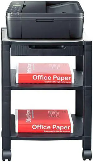 3-Shelf Printer Cart, Stand with Wheels, Drawer, Cord Management, Black