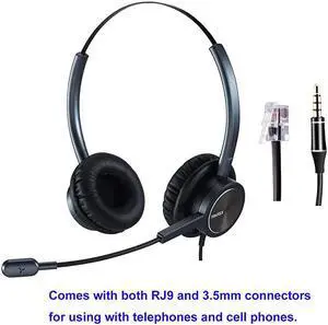 Headset with Microphone Noise Canceling, Binaural with RJ9 Jack & 3.5mm Connector for Office Call Center Deskphone Cell Phone PC Laptop, Work for Cisco 7941 7965 6941 7861 8811 8961