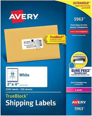 Avery Shipping Labels TrueBlock Technology Permanent Adhesive 2quot x 4quot Box of 2500 Case Pack of 2 5963