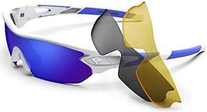 Polarized Sports Sunglasses With 3 Interchangeable Lenes for Men Women Cycling Running Driving Fishing Golf Baseball Glasses TR002 WhiteampBlue