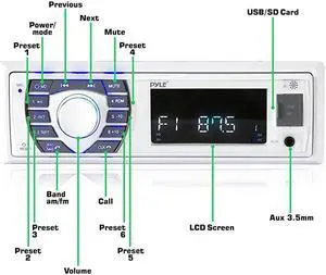 Bluetooth Marine Receiver Stereo 12v Single DIN Style Boat In dash Radio Receiver System with Digital LCD RCA MP3 USB SD AM FM Radio Remote Control Wiring Harness PLRMR23BTW White