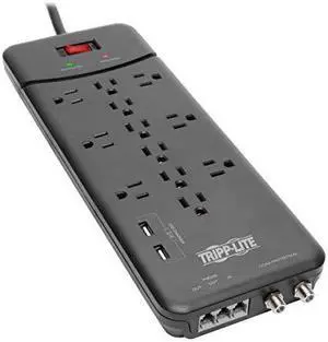 12 Outlet Surge Protector Power Strip 2 USB Charging Ports TelModemCoax Protection 8ft Cord Right Angle Plug Black Lifetime Insurance $150K Insurance TLP128TTUSBB