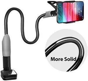 Gooseneck Cell Phone Holder Clamp Universal Lazy Mount Clip Hands Free Flexible Long Arm Bracket Grip for 4063 Phones Mobile Stand Baby Monitor for Desk Bed Office Kitchen Black