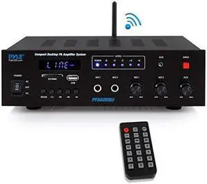 Wireless Bluetooth Karaoke Amplifier 300 Watts 2 Channel Digital Home Audio PA Receiver System 2 Microphone Input Control FM Radio USB12 Volt Power Option  PFA600BU