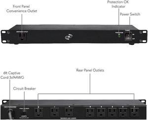 PDU Power Strip Surge Protector 150 Joule 15 Amp 9 Outlet Strips Surge Protector Heavy Duty Electric Extension Cord Strip 1U Rack Mount Protection Power Outlet Strip WAC Filter Pro PCO850