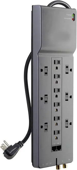 12Outlet Power Strip Surge Protector w Flat Plug 10ft Cord Ideal for Computers Home Theater Appliances Office Equipment 4156 Joules