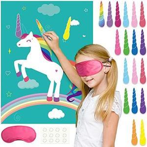 Pin The Horn on The Unicorn Birthday Party Game with 24 Horns for Unicorn Party Supplies Kids Birthday Party Decorations