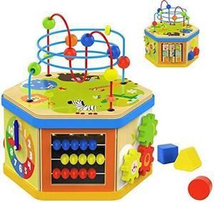 Activity Cube Toys Baby Educational Wooden Bead Maze Shape Sorter 7in1 Toys for 1 Year Old Boy and Girl Toddlers Gift