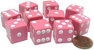 of 10 Six Sided Square Opaque 16mm D6 Dice Pink with White Pip Die