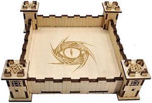 Wood Square Dice Holder Cool 3D Castle Design Carved Dragon Eye Easy Rolling Dice Tray for DND RPG and Board Game