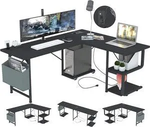 Home Office Desk with Storage,l Desk, Gaming Desk with USB Charging Port and Power Outlet, 2 Person Long Writing Study Table with Shelves Reversible L Computer Desk with CPU Stand Home Office Desk with Storage,l Desk, Gaming Desk with USB Charging Port and Power Outlet, 2 Person Long Writing Study Table with Shelves Reversible L Computer Desk with CPU Stand