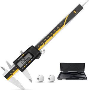 Digital Caliper 6 inch Digital Micrometer Vernier Caliper Measuring Tool with Large LCD Screen Stainless Steel Body InchMillimeterFractions Conversion Yellow