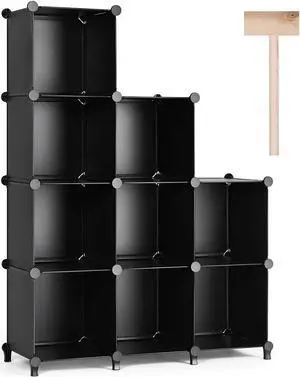 Cube Storage Organizer 9-Cube Closet Storage Shelves with Wooden Mallet DIY Closet Cabinet Bookshelf Plastic Square Organizer Shelving for Home, Office, Bedroom - Black Cube Storage Organizer 9-Cube Closet Storage Shelves with Wooden Mallet DIY Closet Cabinet Bookshelf Plastic Square Organizer Shelving for Home, Office, Bedroom - Black