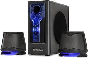 SB 2.1 Computer Speakers with Subwoofer - Blue LED Gaming Speakers, High Excursion Sound System, AC Powered & 3.5mm, Volume and Bass Control, Compatible with Gaming PC, Desktop, Laptop