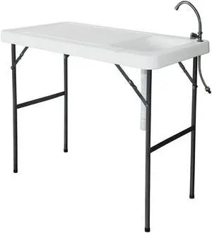 Outdoor Folding Fish and Game Cleaning Table w/Sink,Portable & Durable, Standard Garden Connection, Upgraded Drainage Hose, Stainless Steel Faucet