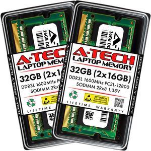 A-Tech 32GB (2x16GB) DDR3 / DDR3L 1600MHz SODIMM PC3-12800 2Rx8 1.35V CL11 Non-ECC Unbuffered 204-Pin SO-DIMM Notebook Laptop RAM Memory Upgrade Kit