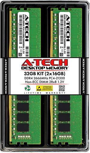 A-Tech 32GB (2x16GB) DDR4 2666MHz DIMM PC4-21300 UDIMM Non-ECC Unbuffered CL19 1.2V 288-Pin Desktop Computer RAM Memory Upgrade Kit