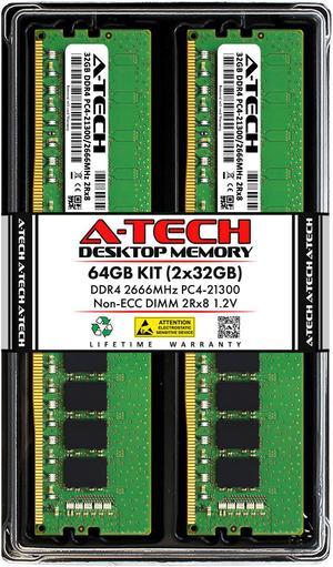 A-Tech 64GB (2x32GB) DDR4 2666MHz DIMM PC4-21300 UDIMM Non-ECC Unbuffered CL19 2Rx8 1.2V 288-Pin Dual Rank Desktop Computer PC RAM Memory Upgrade Kit