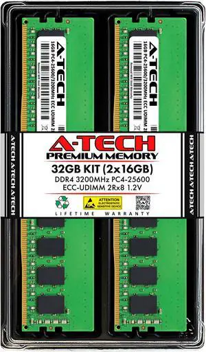 A-Tech 32GB (2x16GB) 2Rx8 PC4-25600 / PC4-25600E DDR4 3200 MHz ECC UDIMM 1.2V ECC Unbuffered DIMM 288-Pin Dual Rank x8 Server & Workstation RAM Memory Upgrade Kit