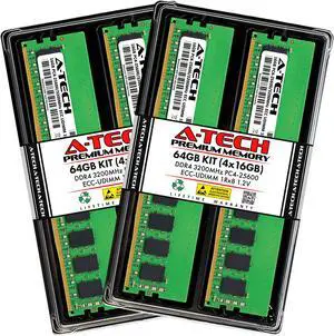 A-Tech 64GB (4x16GB) 1Rx8 PC4-25600 / PC4-25600E DDR4 3200 MHz ECC UDIMM 1.2V ECC Unbuffered DIMM 288-Pin Single Rank x8 Server & Workstation RAM Memory Upgrade Kit