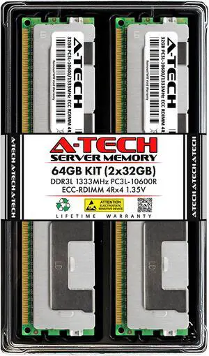 A-Tech 64GB (2x32GB) 4Rx4 PC3L-10600R DDR3 / DDR3L 1333 MHz ECC RDIMM 1.35V Registered DIMM 240-Pin Quad Rank x4 Low Voltage Server & Workstation RAM Memory Upgrade Kit