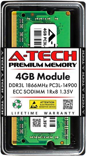 A-Tech 4GB DDR3 / DDR3L 1866 MHz ECC SODIMM PC3-14900 / EP3L-14900E ECC Unbuffered SO-DIMM 204-Pin 1.35V 1Rx8 Single Rank RAM Memory Upgrade Module for Microservers Mobile Workstations and NAS Servers