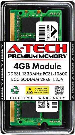 A-Tech 4GB DDR3 / DDR3L 1333 MHz ECC SODIMM PC3-10600 / EP3L-10600E ECC Unbuffered SO-DIMM 204-Pin 1.35V 2Rx8 Dual Rank RAM Memory Upgrade Module for Microservers, Mobile Workstations, and NAS Servers
