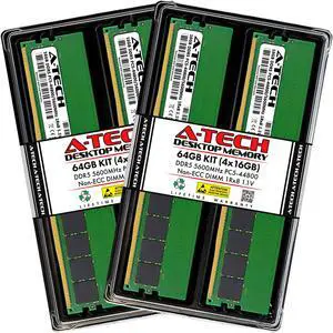 A-Tech 64GB Kit (4 x 16GB) DDR5 5600MHz DIMM PC5-44800 Non-ECC Unbuffered CL46 UDIMM 288-Pin 1.1V Desktop RAM Memory Modules