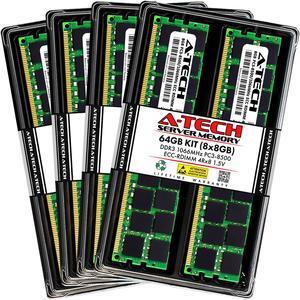 A-Tech 64GB (8x8GB) 4Rx8 PC3-8500R DDR3 1066 MHz ECC RDIMM 1.5V Registered DIMM 240-Pin Quad Rank x8 Server & Workstation RAM Memory Upgrade Kit