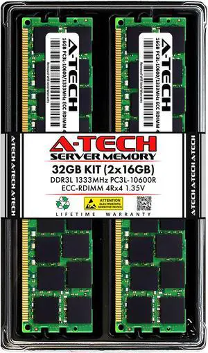 A-Tech 32GB (2x16GB) 4Rx4 PC3L-10600R DDR3 / DDR3L 1333 MHz ECC RDIMM 1.35V Registered DIMM 240-Pin Quad Rank x4 Server & Workstation RAM Memory Upgrade Kit