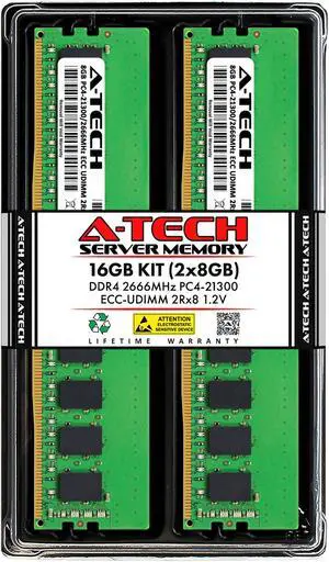A-Tech 16GB (2x8GB) 2Rx8 PC4-21300 / PC4-21300E DDR4 2666 MHz ECC UDIMM 1.2V ECC Unbuffered DIMM 288-Pin Dual Rank x8 Server & Workstation RAM Memory Upgrade Kit