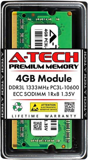 A-Tech 4GB DDR3 / DDR3L 1333 MHz ECC SODIMM PC3-10600 / EP3L-10600E ECC Unbuffered SO-DIMM 204-Pin 1.35V 1Rx8 Single Rank RAM Memory Upgrade Module for Microservers Mobile Workstations and NAS Servers